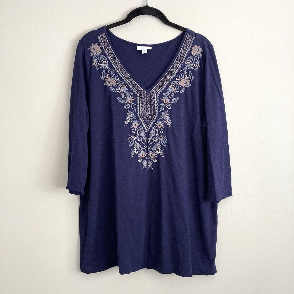 J Jill Blue Embroidered 3/4 Sleeve Cotton Blend Tunic Top Size Large Boho